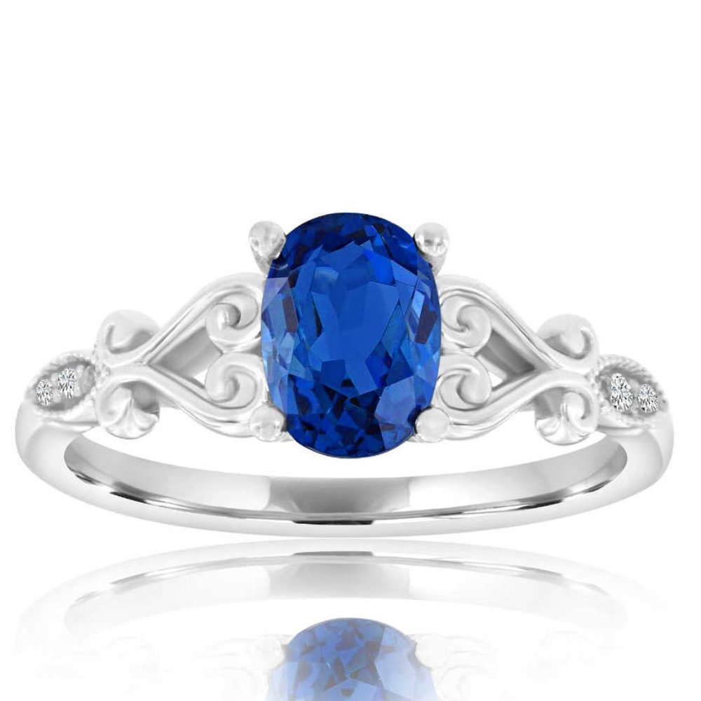 14K White Gold Oval Blue Sapphire & Diamond Ring